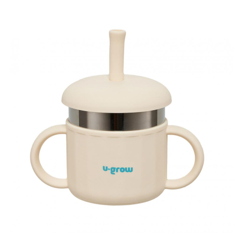 Cani, pahare si accesorii bebe - Cana din silicon cu pai si interior din inox,220 ml, U-Grow