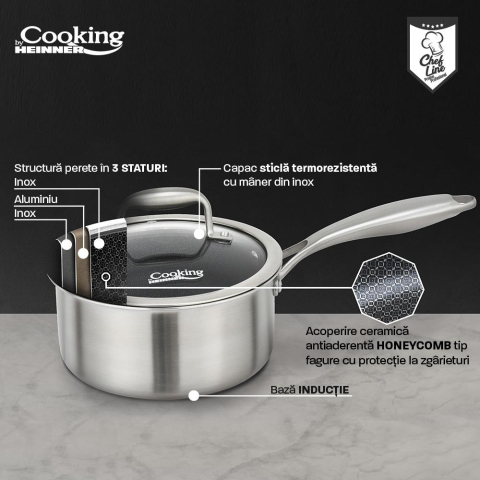CASEROLA INOX+CAPAC STICLA IN 3 STRATURI 18X9 CM, 2 L, TITANIUM3, COOKING BY HEINNER [4]
