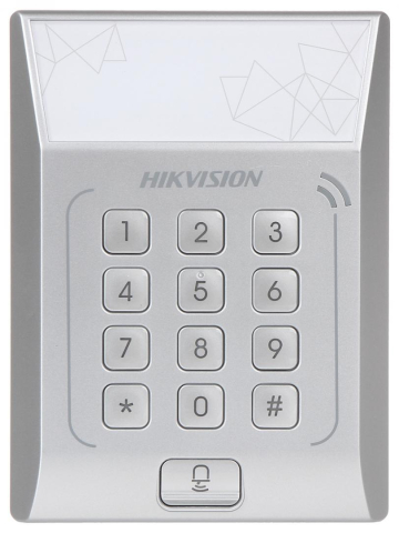 Cititoare - Cititor standalone cu tastatura si card de proximitate Hikvision, DS- K1T801M; suporta cartele MIFARE, Capacitate 3000 cartele, Autentificare: card sau card si parola; Intrari: buton de iesire x1, con