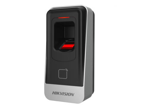 Securitate - Cititor biometric si card EM 125Khz Hikvision, DS-K1201AEF; citeste carduri EM 125Khz, capacitate amprente 5000; suporta RS485; buzzer, dimensiuni 62 mm × 132 mm × 44 mm