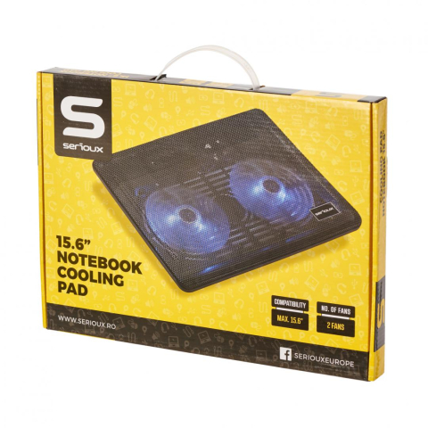 Stand & Cooling pad - Cooling pad Serioux, SRXNCP007, Dimensiuni: 340*250*23mm, Compatibilitate maxima laptop: 15.6 inch, Dimensiune ventilator: 2 x 125 *125*15mm, Nivel zgomot: 10dB, Flux aer: 20CFM, Tensiune alimentare: 