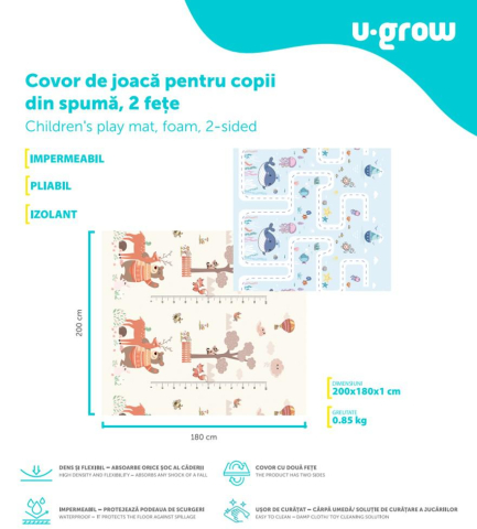 Covor de joaca pentru copii U-Grow, din spuma, pliabil, 2 fete, impermeabil, izolant, 180 x 200 x 1 cm [9]