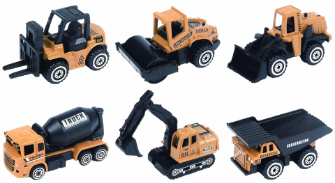MACHETA DIE CAST, SET 6 UTILAJE, SCARA 1/64, 7.5CM, DIVERSE MODELE SI CULORI- INCARCATOR, COMPACTOR, BULDOZER, BETONIERA, EXCAVATOR SENILE, BASCULANTA- ALB, BLEU,NEGRU SI GALBEN [2]
