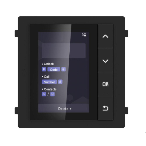 Video - Modul de afisare pentru videointerfon modular Hikvision DS-KD-DIS; ecran LCD 3.5 inch, rezolutie 320x480P; 4 butoane de operare; memorie pentru 500 de contacte; apelare din lista de contacte; deschide