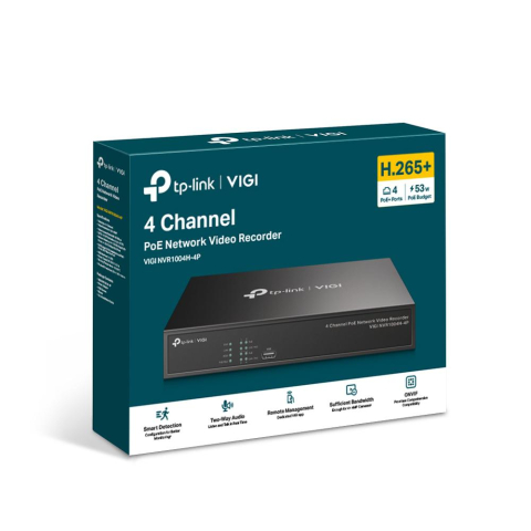 NVR PoE TP-Link VIGI 4 canale 1004H4P; 53W, 8 MP,1 SATA Interface, max 10TB(neinclus), H.265+; ONVIF [3]