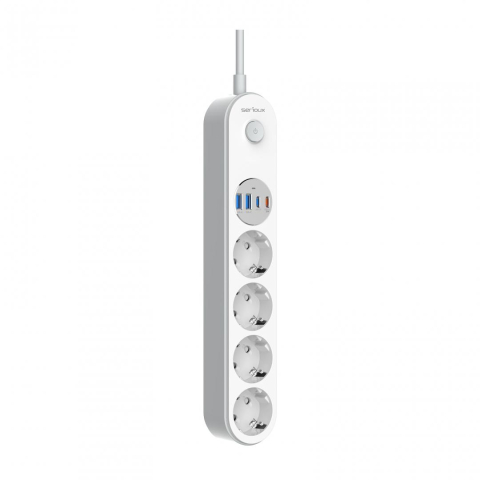 Prelungitor cu protectie Serioux SRXP-PS44W, 4 prize schuko, Tensiune intrare: 100-240V, 50-60Hz, Tensiune ieşire (total): 2500W-10A, 4 porturi USB (auto max), USB-C1-20W si USB-C2/A1/A2-12W, Amperaj  [1]
