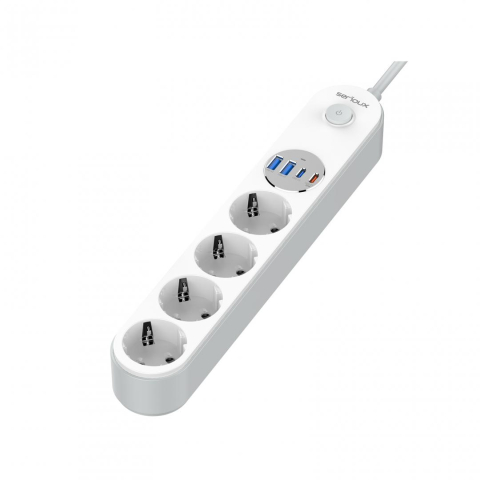 Prelungitor cu protectie Serioux SRXP-PS44W, 4 prize schuko, Tensiune intrare: 100-240V, 50-60Hz, Tensiune ieşire (total): 2500W-10A, 4 porturi USB (auto max), USB-C1-20W si USB-C2/A1/A2-12W, Amperaj  [2]
