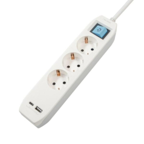 Iluminat & electrice - PRELUNGITOR SPACER, Schuko x 3, conectare prin Schuko (T),Type-C x1, USB x 1, 3.1A, cablu 1.8m, 16 A, max. 3500W, protectie copii, Intrerupator, Gri.