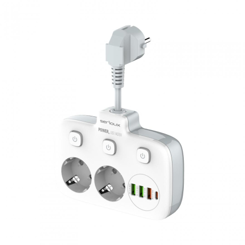Prelungitor tip priza cu protectie Serioux Quick Charge 3.0, parametri nominali: 2500W-10A(Max) 250V, Intrare: AC100-250V 10A 50/60HZ , Ieșire PD: 5V=3A 9V=2.22A 12V=1.67A 20W (MAX), Ieșire QC: 5V-3A  [2]