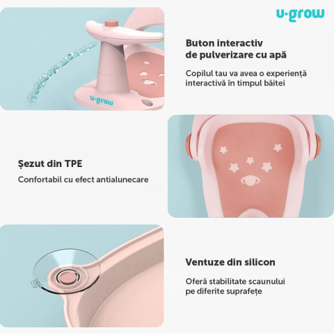 Scaun baie bebe cu ghidon , spatar reglabil, roz pal, U-Grow [3]