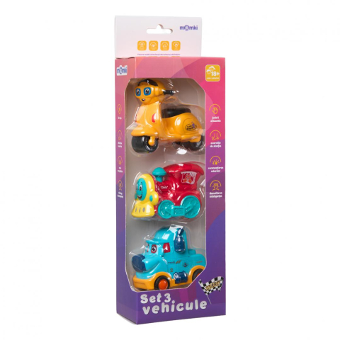 SET 3 VEHICULE ACTIONATE PRIN INERTIE- MASINUTA ALBASTRA, TREN ROSU, SCUTER GALBEN,MOMKI [2]