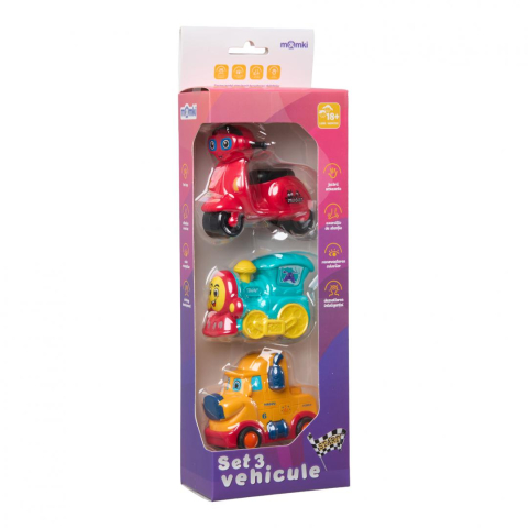 SET 3 VEHICULE ACTIONATE PRIN INERTIE- MASINUTA GALBENA, SCUTER ROSU, TREN ALBASTRU, MOMKI [2]