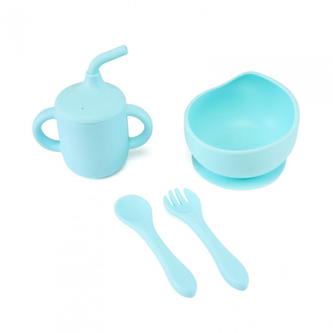 Articole hranire bebelusi - Set 4 piese diversificare din silicon: Cana cu pai, bol , lingurita si furculita, blue, U-Grow