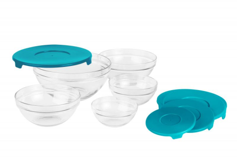 Casa & Bricolaj - SET 5 BOLURI DE STICLA CU CAPAC,VANORA HOME(12 bucati in bax-cate 4 buc/culoare rosu, galben si albastru)