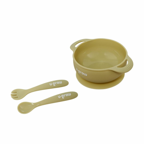 Articole hranire bebelusi - Set bol cu lingurita si furculita silicon, olive,U-Grow