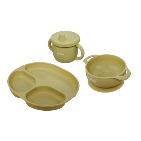 Articole hranire bebelusi - Set diversificare 3 piese silicon : bol , farfurie si cana cu cioc, olive, U-Grow