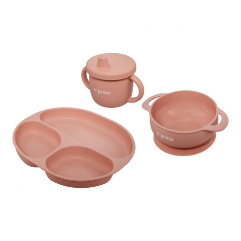 Articole hranire bebelusi - Set diversificare 3 piese silicon : bol , farfurie si cana cu cioc, roz, U-Grow