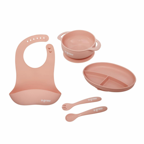 Articole hranire bebelusi - Set diversificare 5 piese silicon : baveta, bol, farfurie, lingurita si furculita, roz, U-Grow