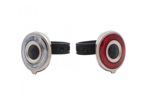 Accesorii ciclism - Set lumini far+stop, 2 LED-uri rosii, 2 LED-uri uri albe, Baterii: 2 x 2 CR2032 3V, Greutate: 2x35gr, Autonomie:70/95 h