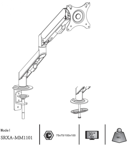 Suport monitor Serioux MM1101, tip: arc cu gaz, reglarea poziției unghiului de înclinare: -45 / + 90 °, pivotant: 180 °, rotatie pentru ambele brate: 360 °, VESA: 75x75mm & 100x100mm, greutate maxima  [6]
