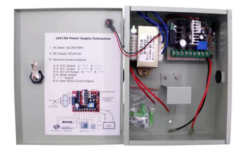SURSA ALIMENTARE 5A CARCASA METAL Input voltage: 220V AC~240V AC; 50~60Hz Output voltage: 11V DC-14V DC 5A Output contact: locking, access control, exit button Backup battery: Support 12V/7AH (not inc [1]