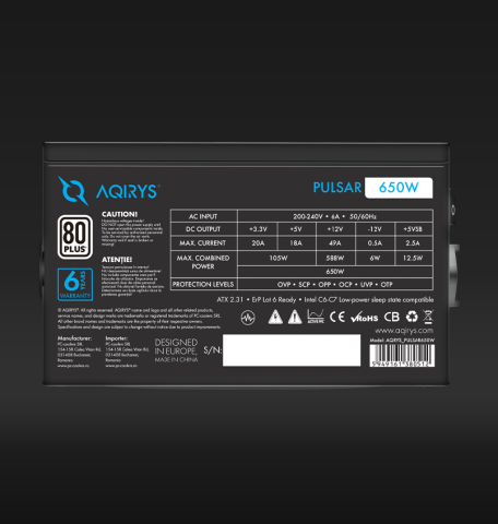 Sursa Aqirys Pulsar, 80+ White, RGB, 650W [3]
