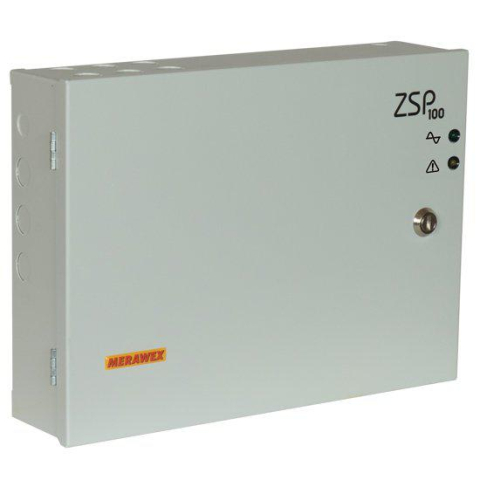 Accesorii - Sursa de alimentare pentru sisteme de detectie incendiu 24V/5.5A in cutie metalica Merawex ZSP100-5.5A-07 , loc pentru 2 acumulatori 12V/9Ah, Tensiune de intrare: 100/230VAC, eficienta ridicata sub sa