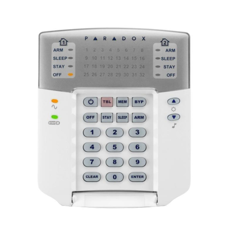 Protectie la efractie - Tastatura Paradox LED K32+ -32 zone, pe fir; compatibilitate: SP, MG Stay D; LED -uri indicatoare separate de stare pentru 2 partiţii: armare totală/somn/parţială/dezarmare; 1intrare de zonă; zone tip