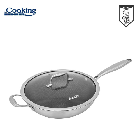 Tigai si seturi - TIGAIE WOK INOX + CAPAC STICLA 30x8.5 CM, 4.5L, TITANIUM3, COOKING BY HEINNER
