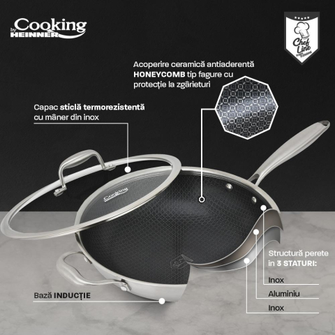 TIGAIE WOK INOX + CAPAC STICLA 30x8.5 CM, 4.5L, TITANIUM3, COOKING BY HEINNER [5]
