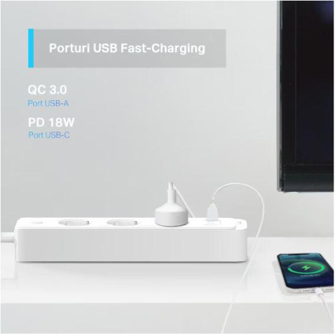 TP-Link SMART WI-FI SOCKET TAPO P300, Protocol: IEEE 802.11b/g/n, Bluetooth 4.2, 2.4 GHz, Cerințe de sistem, Android 5 sau mai recent, iOS 10 sau mai recent, Dimensiuni: 268*55*40mm, cablu de 1.5m, vo [2]