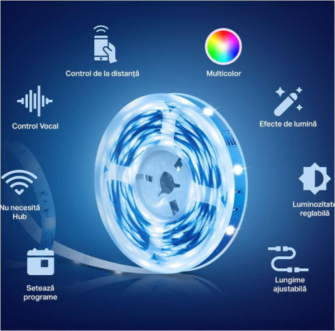 TP-Link Tapo L900-10 Smart light strip kit, 16 milioane culori, 2 x 5m, dimensiuni: 5000 × 10 × 1.6 mm fiecare, Wi-Fi Protocol: IEEE 802.11b/g/n, Frecventa: 2.4 GHz, intensitate reglabila. [1]