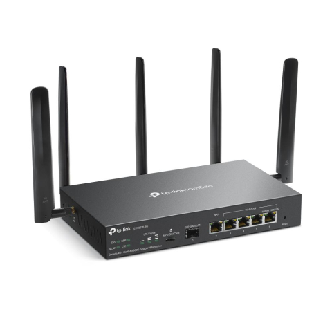 "Omada 4G+ Cat6 AX3000 Gigabit VPN Router PORT: 1× Gigabit SFP WAN/LAN Port, 1× Gigabit RJ45 WAN Port, 4× Gigabit WAN/LAN RJ45 Ports, 1 Nano SIM slot (4G+ Cat6) SPEED: 574Mbps at 2.4 GHz + 2402 Mbps a [1]