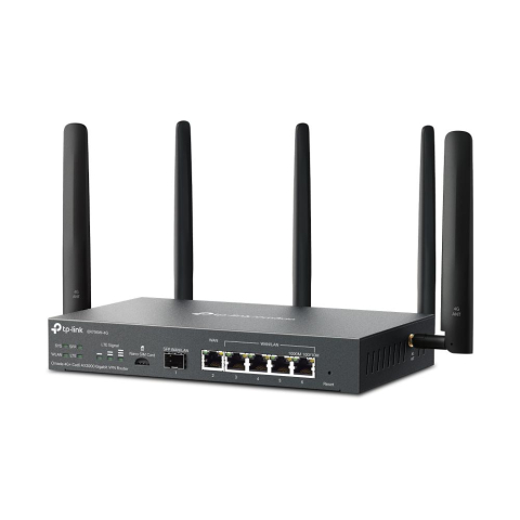 "Omada 4G+ Cat6 AX3000 Gigabit VPN Router PORT: 1× Gigabit SFP WAN/LAN Port, 1× Gigabit RJ45 WAN Port, 4× Gigabit WAN/LAN RJ45 Ports, 1 Nano SIM slot (4G+ Cat6) SPEED: 574Mbps at 2.4 GHz + 2402 Mbps a [2]