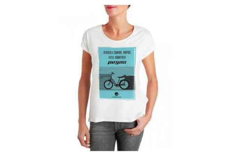 Tricouri - Tricou Pegas femei, model vehicule comode, rapide, utile sanatatii, marime M, culoare galben
