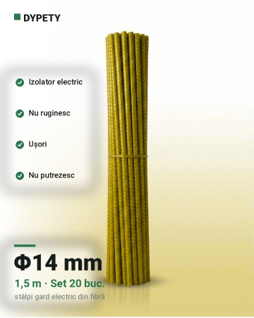 Stalpi de Gard Electric din Fibră de Sticlă - Set 20 Stalpi Gard Electric Fibra de Sticla Φ14 - 1.5m lungime
