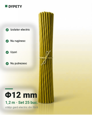 Stalpi de Gard Electric din Fibră de Sticlă - Set 25 Stalpi Gard Electric Fibra de Sticla Φ12 - 1.2m lungime
