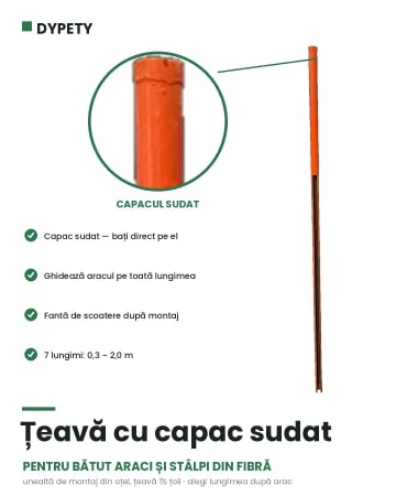 PRODUSE PENTRU GRĂDINĂ DIN FIBRĂ DE STICLĂ - Țeavă de bătut araci, cu capac sudat — 7 lungimi