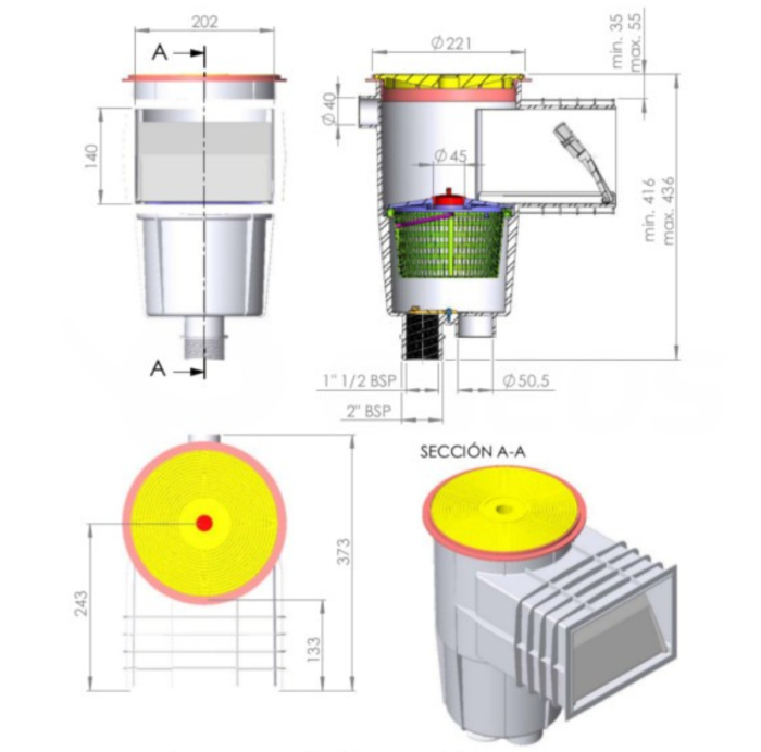 Skimmer AstralPool Beton 15 Litri - Deschidere Frontală Îngustă - Lungime Încastrare Scurtă - Capac Pătrat [2]