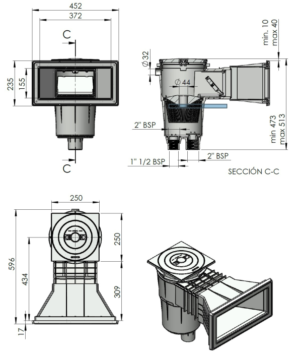 Skimmer AstralPool Beton 17.5 Litri - Deschidere Frontală Largă - Lungime Încastrare Standard - Inel Extensie [2]