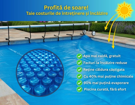 Prelată de vară cu bule Eco Bubble AstralPool 400 µ, 4 × 8 m, tivire cu capse la ambele capete + derulator telescopic mobil Ø 80 mm [2]