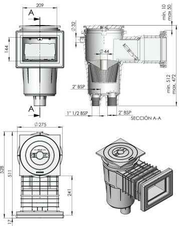 Skimmer AstralPool Beton 17.5 Litri - Deschidere Frontală Îngustă - Lungime Încastrare Standard - Inel Extensie [2]