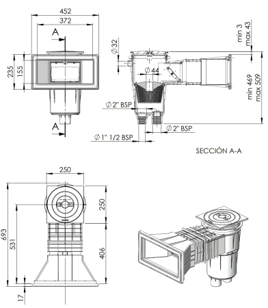Skimmer AstralPool Beton 17.5 Litri - Deschidere Frontală Largă - Lungime Încastrare Extinsă - Inel Extensie [1]