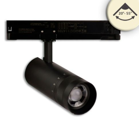 Sisteme de iluminat pe sina DALI HV - Proiector LED focusabil pe șină DALI HV, 3 faze, 24W, 20°–55°, 4000K, negru mat, dimabil DALI