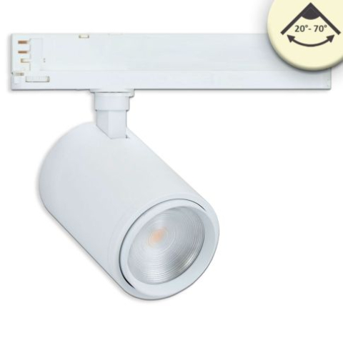 Sisteme de iluminat pe sina DALI HV - Proiector LED focusabil pe șină DALI HV, 3 faze, 42W, 20°–70°, 3000K, CRI92, alb mat, dimabil DALI