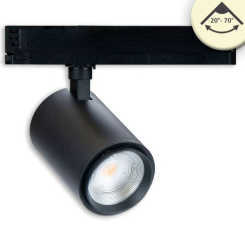 Sisteme de iluminat pe sina DALI HV - Proiector LED focusabil pe șină DALI HV, 3 faze, 42W, 20°–70°, 4000K, CRI92, negru mat, dimabil DALI