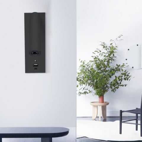 Aplice de Perete - Lampă de citit LED, 3W, neagră, cu porturi de încărcare USB-A și USB-C, lumină alb cald, reglabilă în 3 trepte