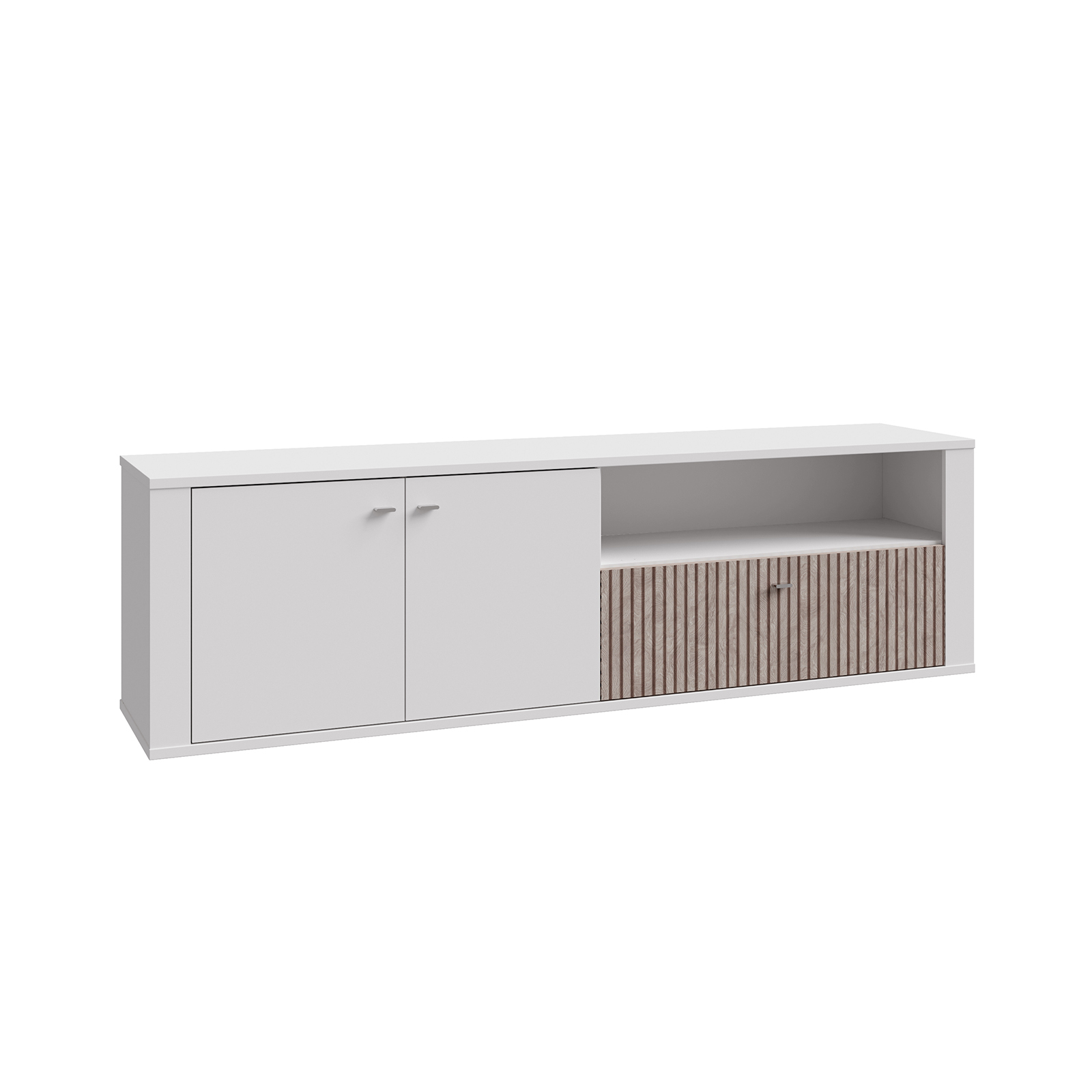 Comode TV - Comoda TV AMBRA, cu 2 usi si 1 sertar , alb + stejar Rovere, 196x42x58 cm