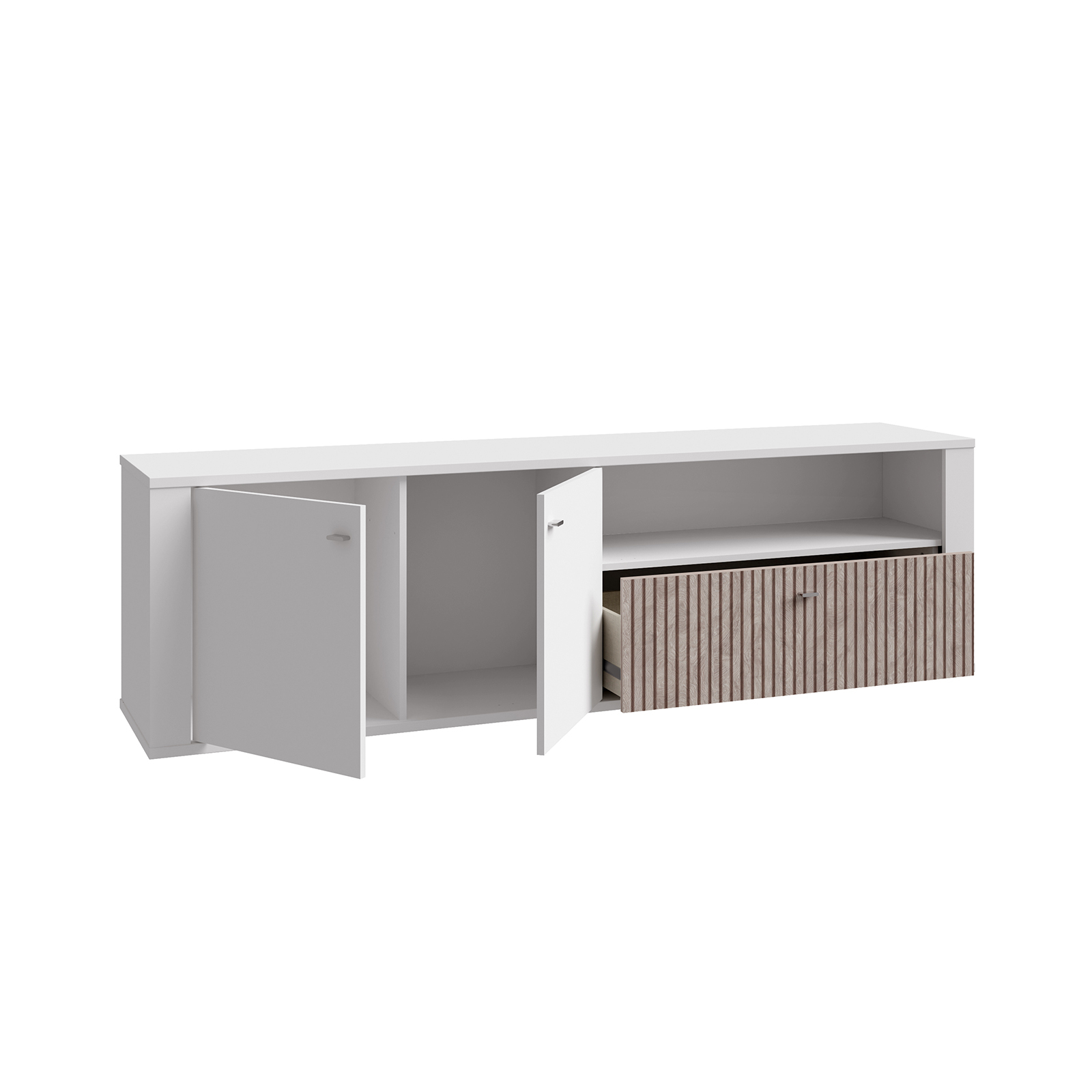 Comode TV - Comoda TV AMBRA, cu 2 usi si 1 sertar , alb + stejar Rovere, 196x42x58 cm