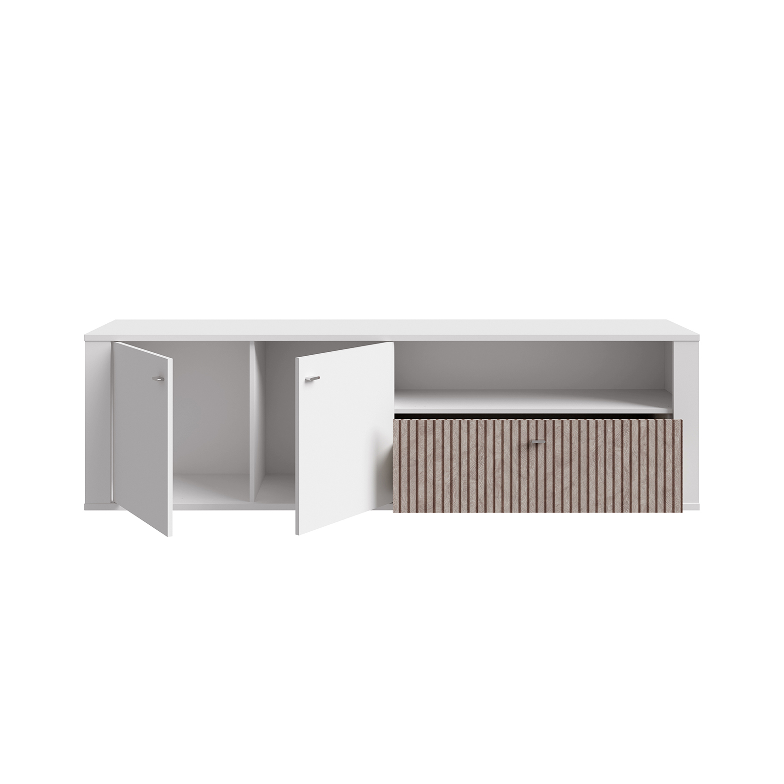 Comode TV - Comoda TV AMBRA, cu 2 usi si 1 sertar , alb + stejar Rovere, 196x42x58 cm